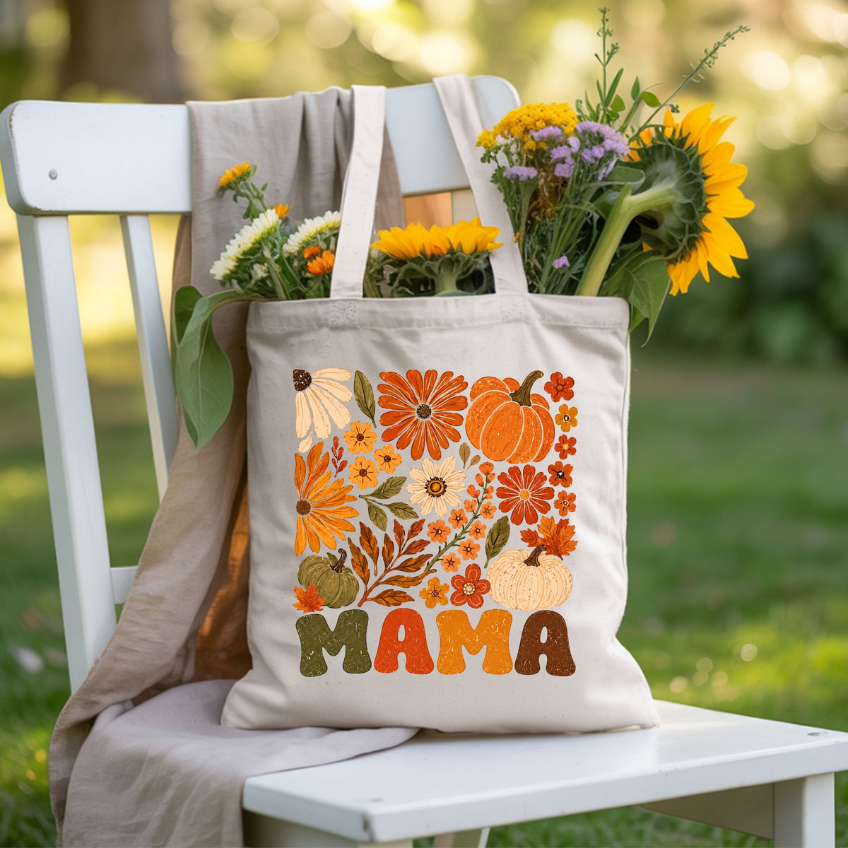 Mama Fall Floral Pumpkins T-Shirt, Retro Groovy Autumn Flowers Thanksgiving Comfort Color Tee
