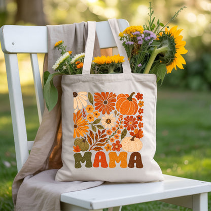 Mama Fall Floral Pumpkins T-Shirt, Retro Groovy Autumn Flowers Thanksgiving Comfort Color Tee