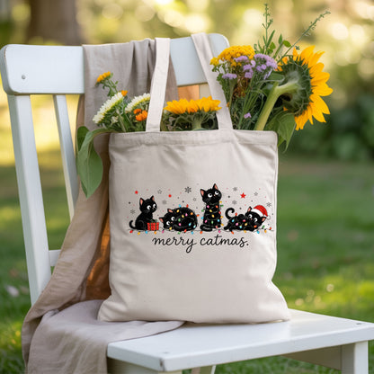 Merry Catmas Black Cats Christmas T-Shirt, Christmas Lights Black Kittens Cat Lover Tee