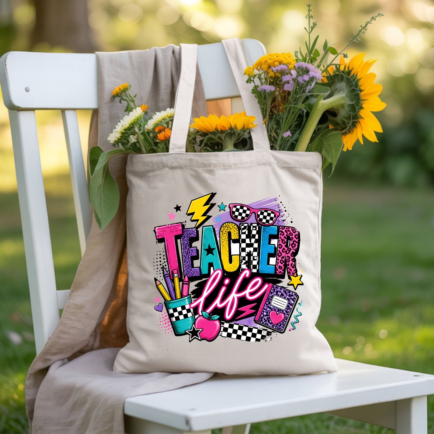 Retro Neon Teacher Life T-Shirt, Colorful Doodle Graffiti Checkerboard Sunglasses Back to School Tee