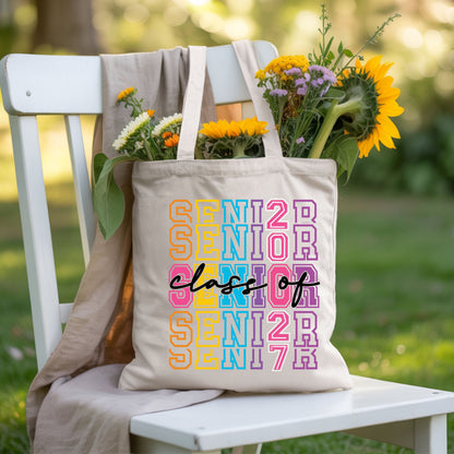Senior Class of 2027 Colorful Retro T-Shirt, Stacked Varsity Letters Pastel Graduation Tee
