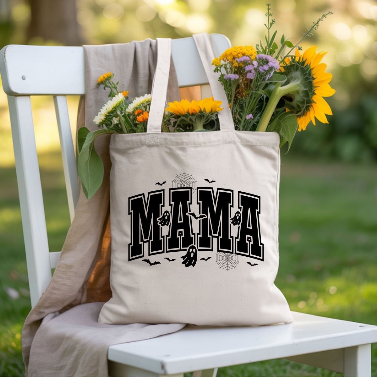 Mama Halloween Spooky Ghost Bats T-Shirt, Varsity Cute Mom Tee