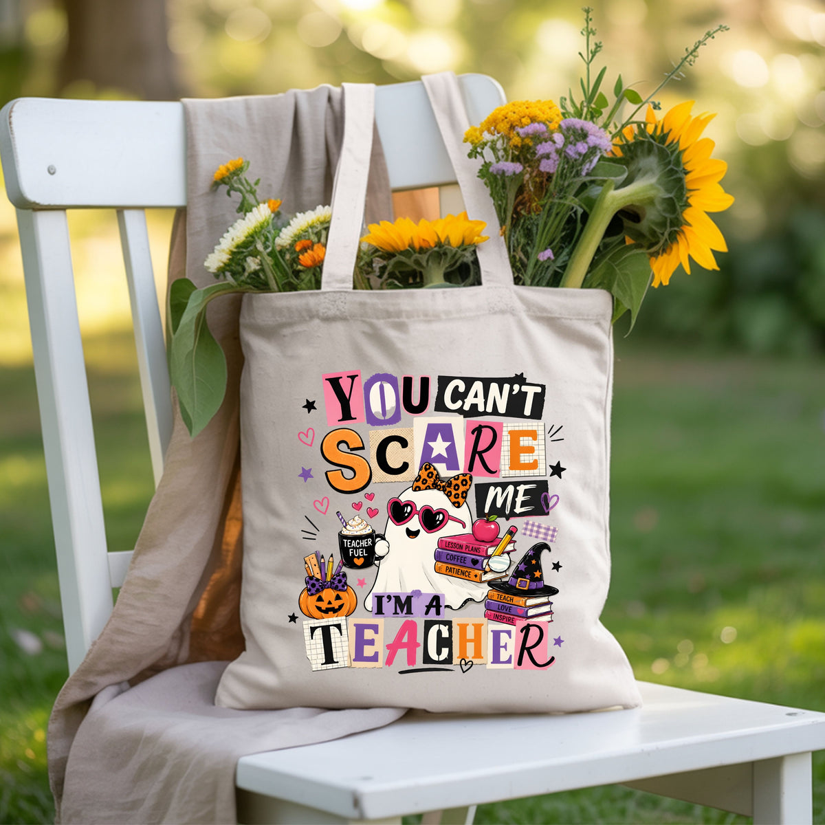 You Can't Scare Me Teacher Halloween T-Shirt, Ghost Books Coffee Comfort Color Tee