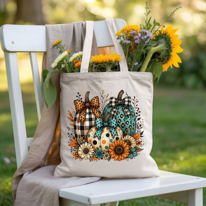 Fall Leopard Plaid Pumpkins T-Shirt, Teal Orange Floral Thanksgiving Tee