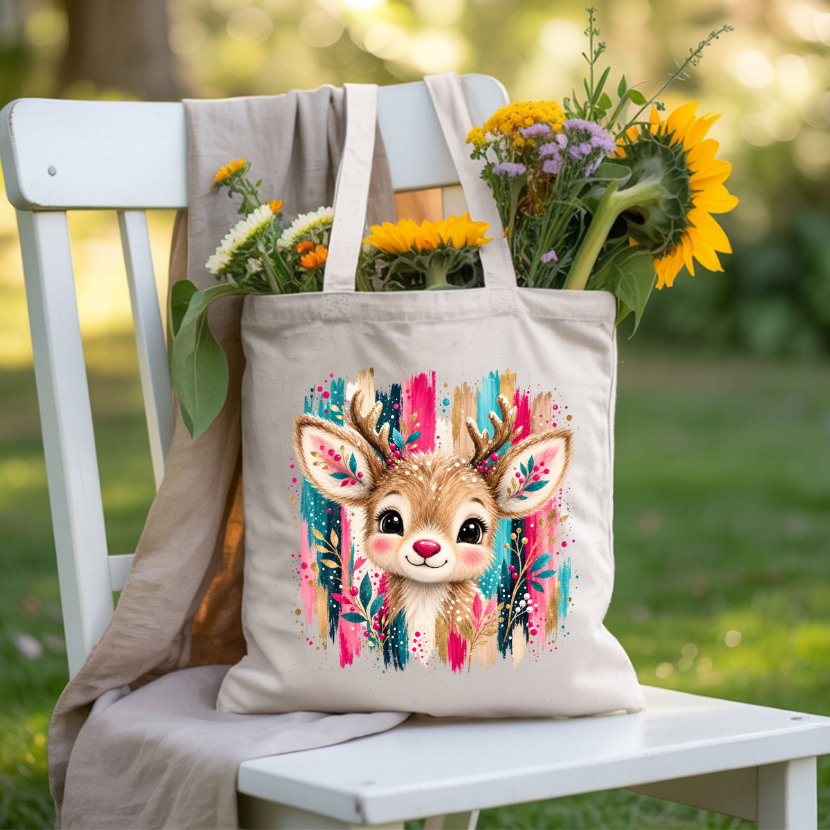 Cute Christmas Reindeer Floral Antlers T-Shirt, Pink Teal Gold Holiday Tee
