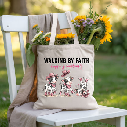Funny Western Cow Walking by Faith T-Shirt, Pink Cowboy Boots Christian Humor Tee