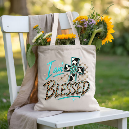 I Am Blessed Western Cross Cow Print T-Shirt, Turquoise Leopard Faith Tee