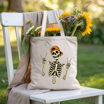 Cool Skeleton Rock On T-Shirt, Peace Sign Halloween Orange Hat Spooky Tee
