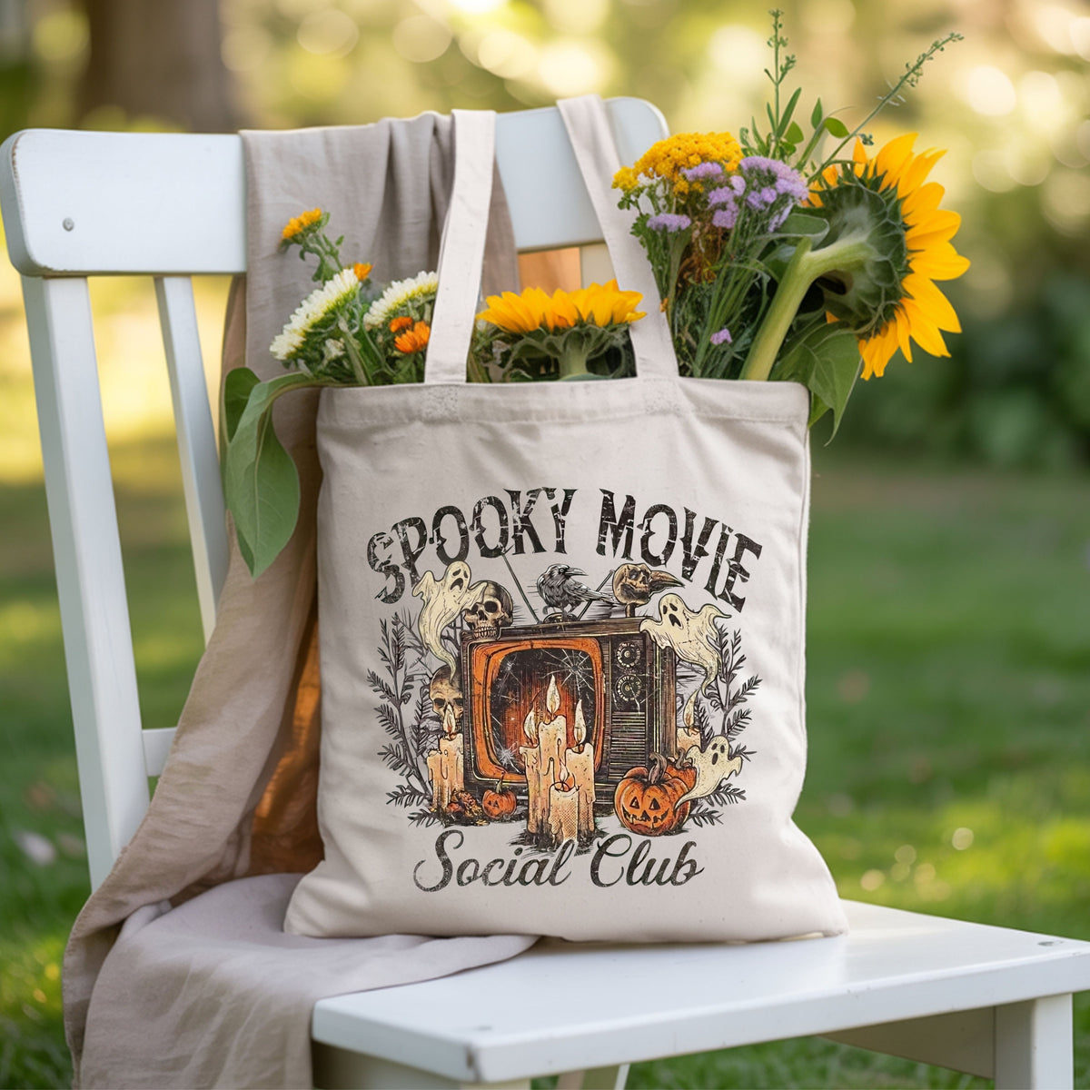 Spooky Movie Social Club Vintage Horror T-Shirt, Ghosts Pumpkin Candles Halloween Tee