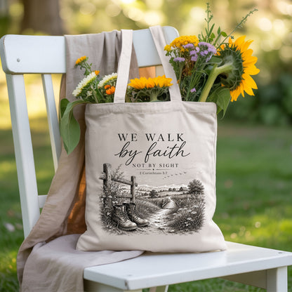We Walk by Faith Not by Sight Christian T-Shirt, 2 Corinthians 5:7 Boots Country Road Tee