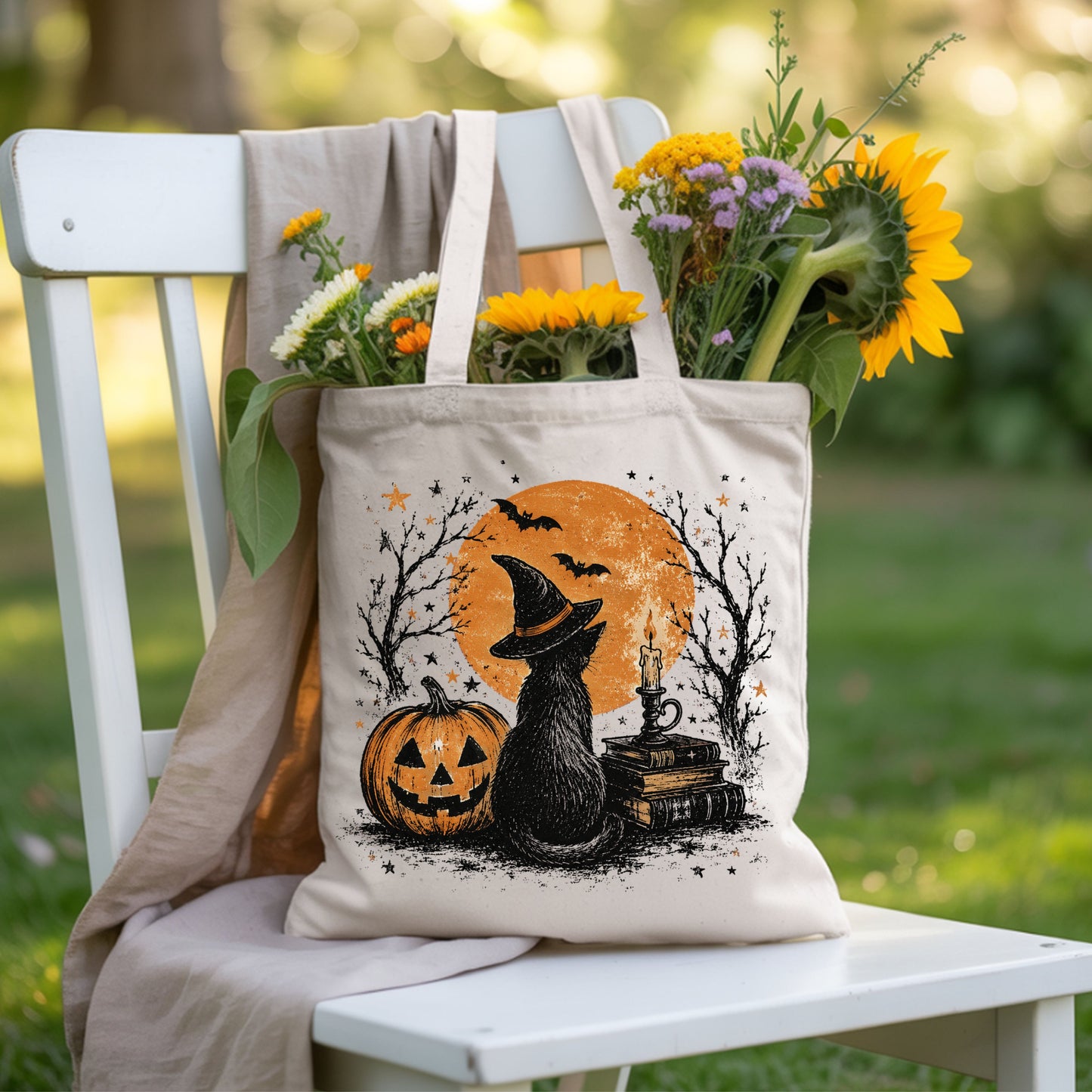Halloween Black Cat Witch T-Shirt, Full Moon Pumpkin Spooky Vintage Books Magic Tee