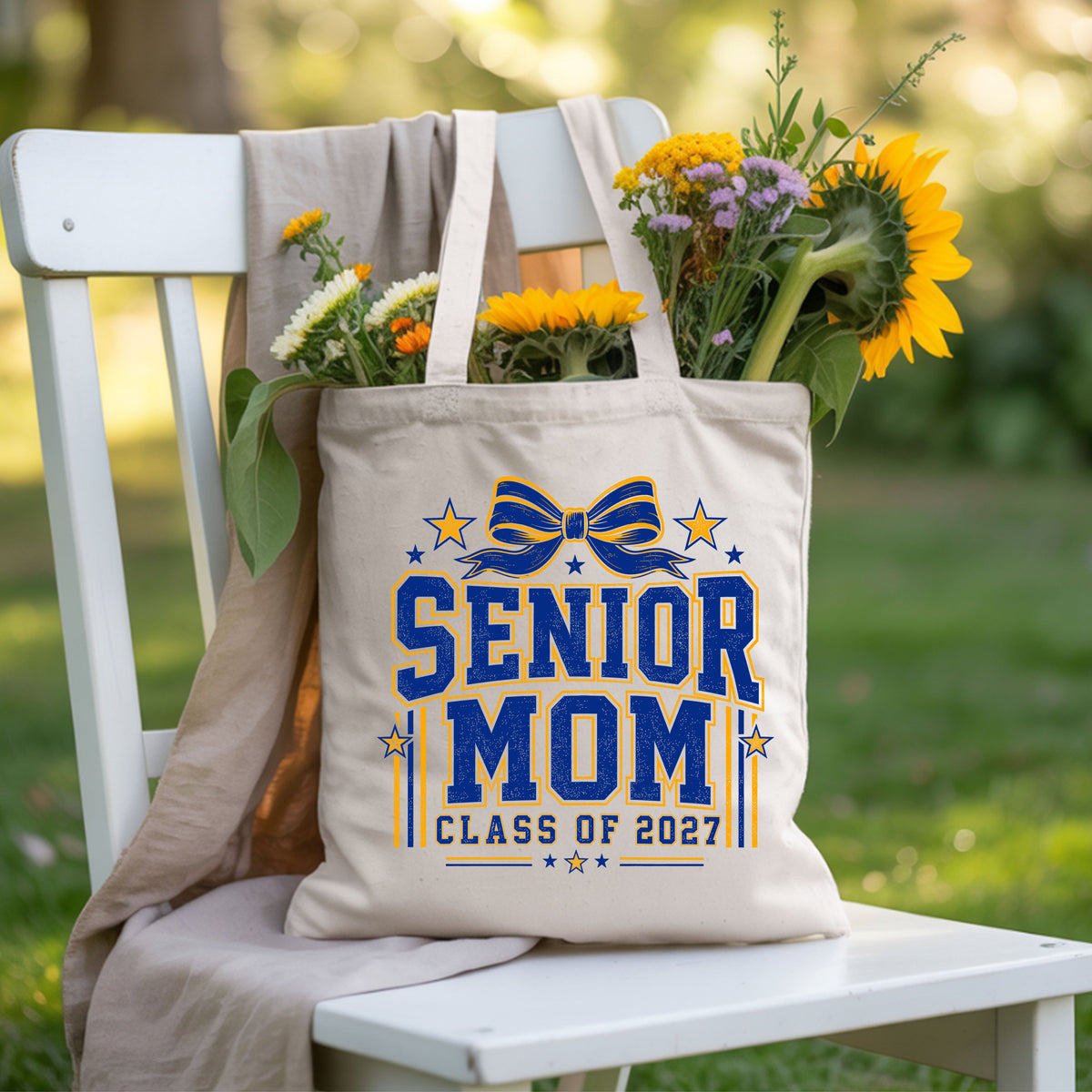 Senior Mom 2027 Royal Blue Yellow Cheer Bow T-Shirt, Varsity Graduation Mother Tee