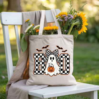 Boo Checkered Bow Ghost Halloween T-Shirt, Pumpkin Bucket Bats Retro Tee Sweatshirt