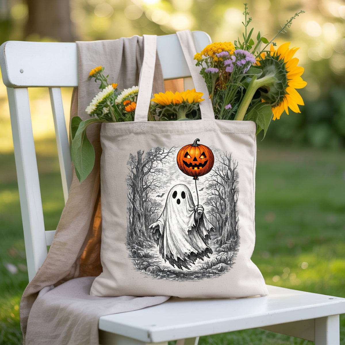 Vintage Halloween Ghost Pumpkin Balloon T-Shirt, Spooky Forest Retro Tee
