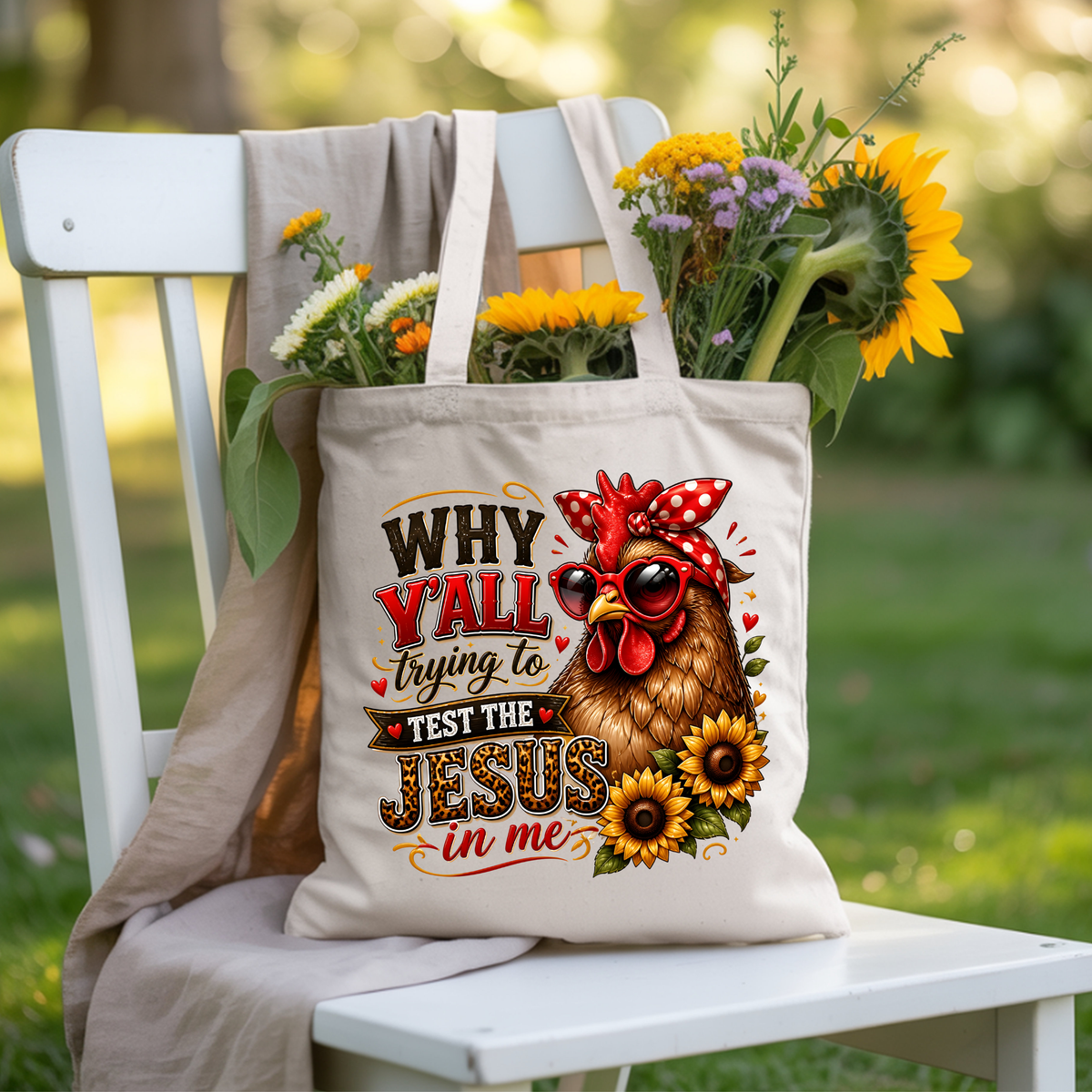 Test the Jesus in Me Funny Chicken T-Shirt, Bandana Country Christian Quote Tee