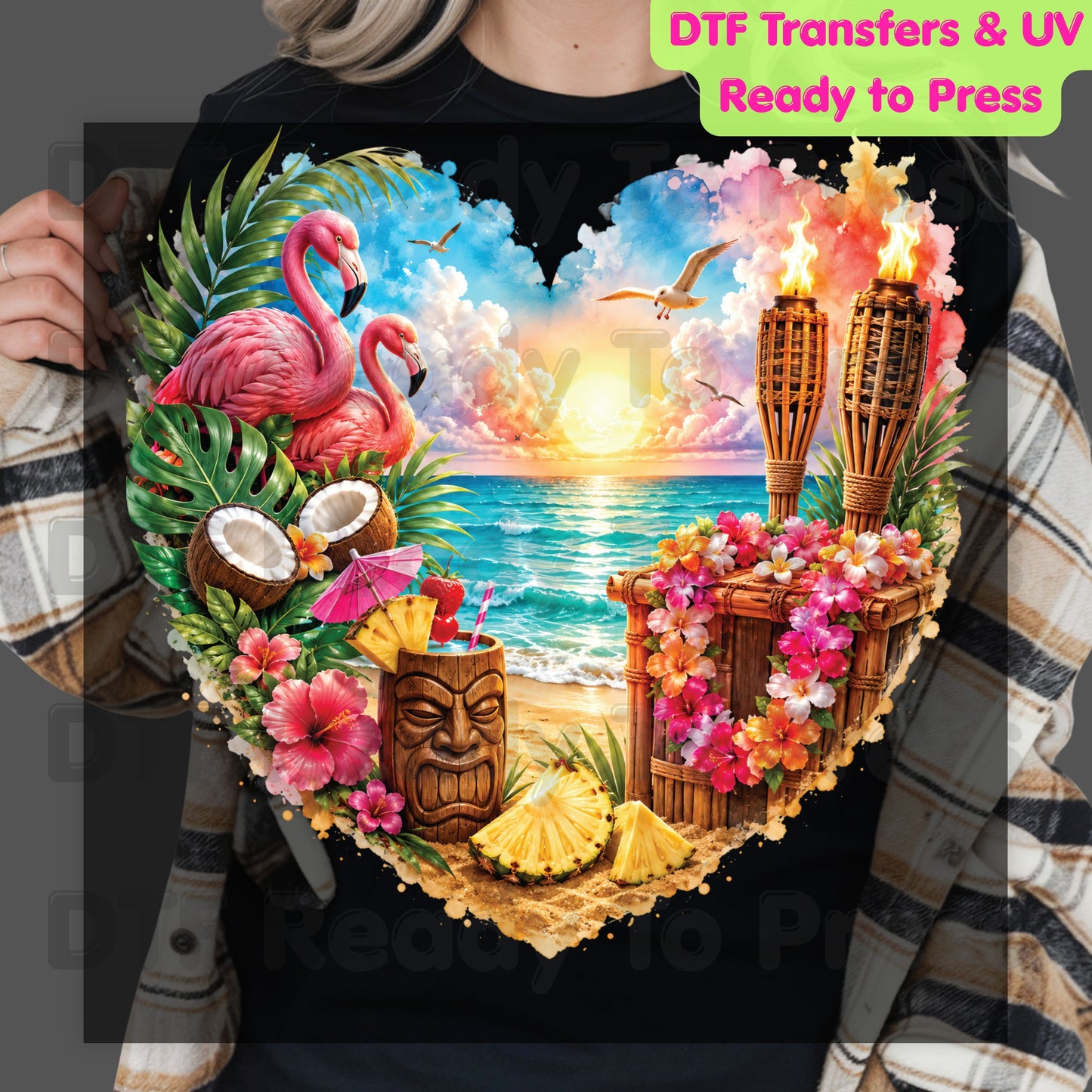 Tropical Paradise Heart Retro Sunset DTF Transfer Ready to Press Summer Vacation UV DTF Sticker Tiki Bar Flamingo Heat Transfer for Shirts