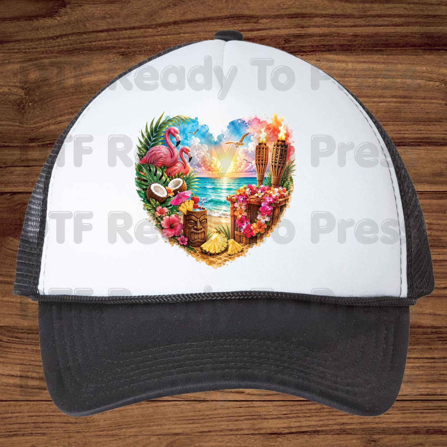 Tropical Paradise Heart Retro Sunset DTF Transfer Ready to Press Summer Vacation UV DTF Sticker Tiki Bar Flamingo Heat Transfer for Shirts
