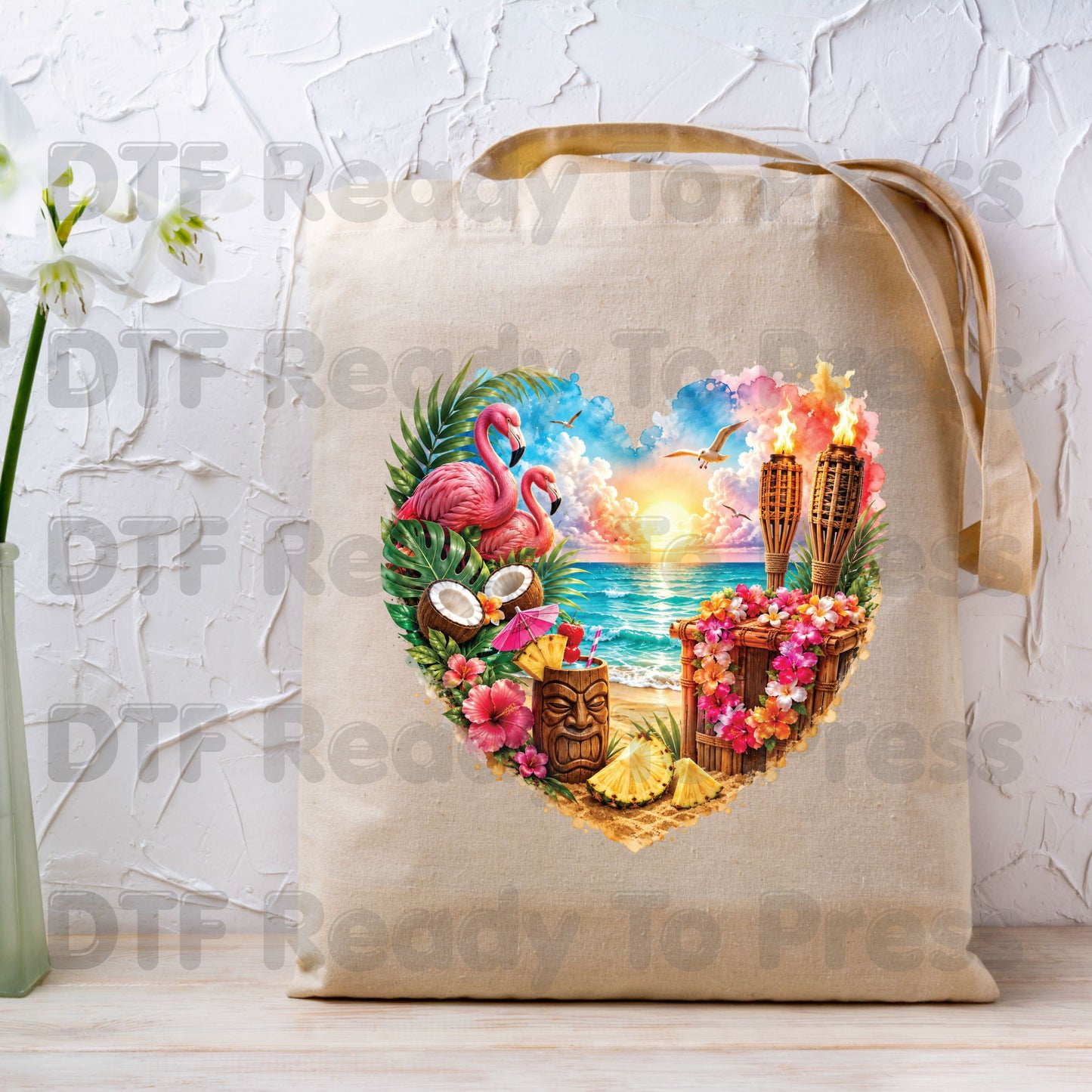 Tropical Paradise Heart Retro Sunset DTF Transfer Ready to Press Summer Vacation UV DTF Sticker Tiki Bar Flamingo Heat Transfer for Shirts