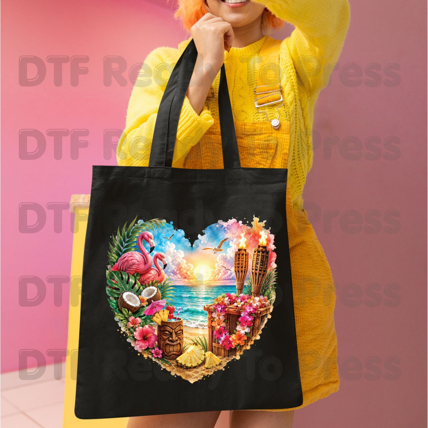 Tropical Paradise Heart Retro Sunset DTF Transfer Ready to Press Summer Vacation UV DTF Sticker Tiki Bar Flamingo Heat Transfer for Shirts