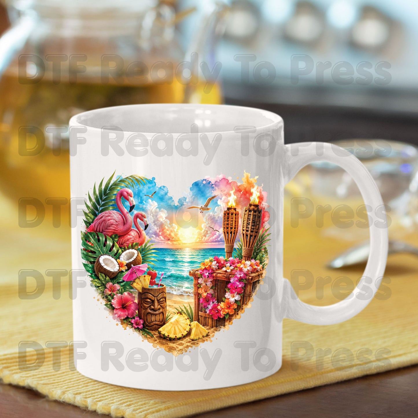 Tropical Paradise Heart Retro Sunset DTF Transfer Ready to Press Summer Vacation UV DTF Sticker Tiki Bar Flamingo Heat Transfer for Shirts