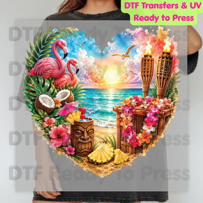Tropical Paradise Heart Retro Sunset DTF Transfer Ready to Press Summer Vacation UV DTF Sticker Tiki Bar Flamingo Heat Transfer for Shirts