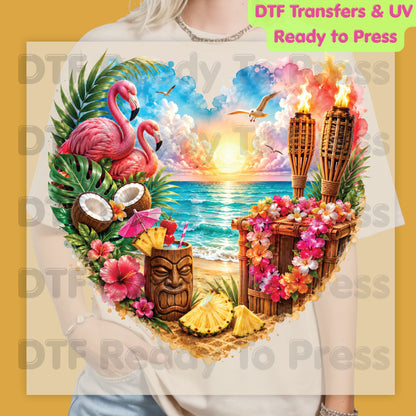 Tropical Paradise Heart Retro Sunset DTF Transfer Ready to Press Summer Vacation UV DTF Sticker Tiki Bar Flamingo Heat Transfer for Shirts