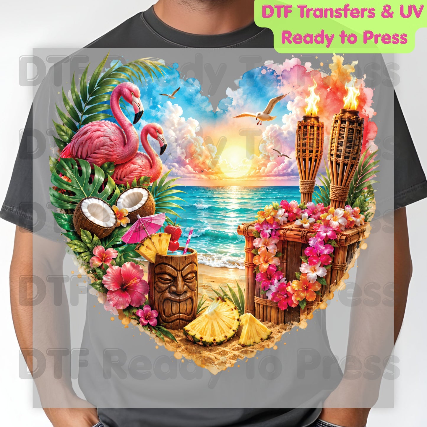 Tropical Paradise Heart Retro Sunset DTF Transfer Ready to Press Summer Vacation UV DTF Sticker Tiki Bar Flamingo Heat Transfer for Shirts
