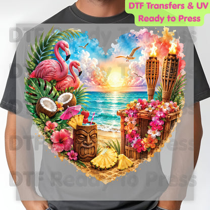 Tropical Paradise Heart Retro Sunset DTF Transfer Ready to Press Summer Vacation UV DTF Sticker Tiki Bar Flamingo Heat Transfer for Shirts