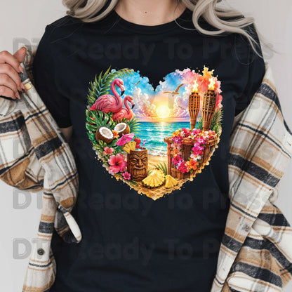 Tropical Paradise Heart Retro Sunset DTF Transfer Ready to Press Summer Vacation UV DTF Sticker Tiki Bar Flamingo Heat Transfer for Shirts