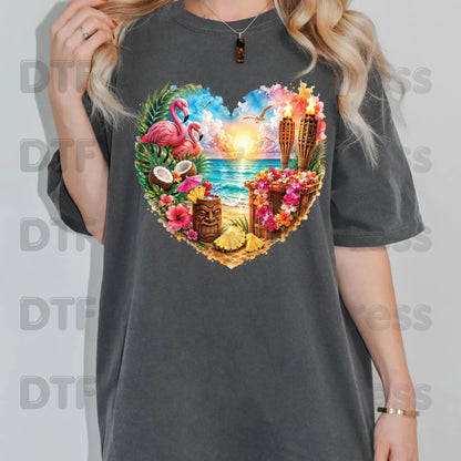 Tropical Paradise Heart Retro Sunset DTF Transfer Ready to Press Summer Vacation UV DTF Sticker Tiki Bar Flamingo Heat Transfer for Shirts