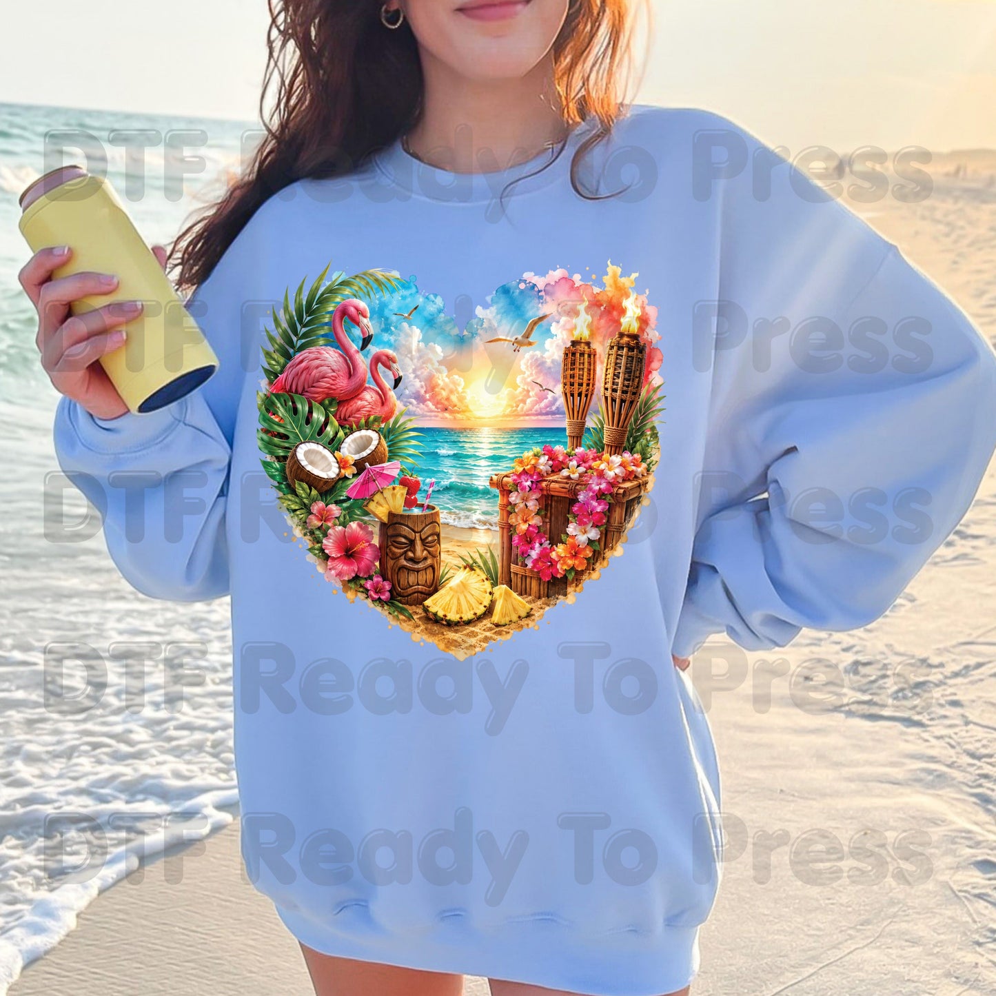 Tropical Paradise Heart Retro Sunset DTF Transfer Ready to Press Summer Vacation UV DTF Sticker Tiki Bar Flamingo Heat Transfer for Shirts