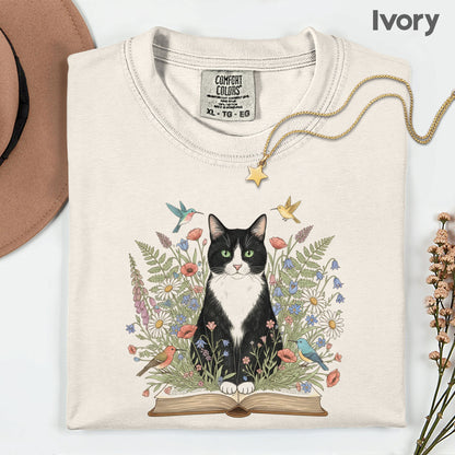 Tuxedo Cat Comfort Colors T Shirt Book Floral Youth Tee Librarian Gift Black and White Cat Kids Sweatshirt Childrens Apparel Reading Graphic Kids Tees