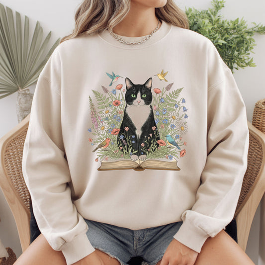 Tuxedo Cat Comfort Colors T Shirt Book Floral Youth Tee Librarian Gift Black and White Cat Kids Sweatshirt Childrens Apparel Reading Graphic Kids Tees