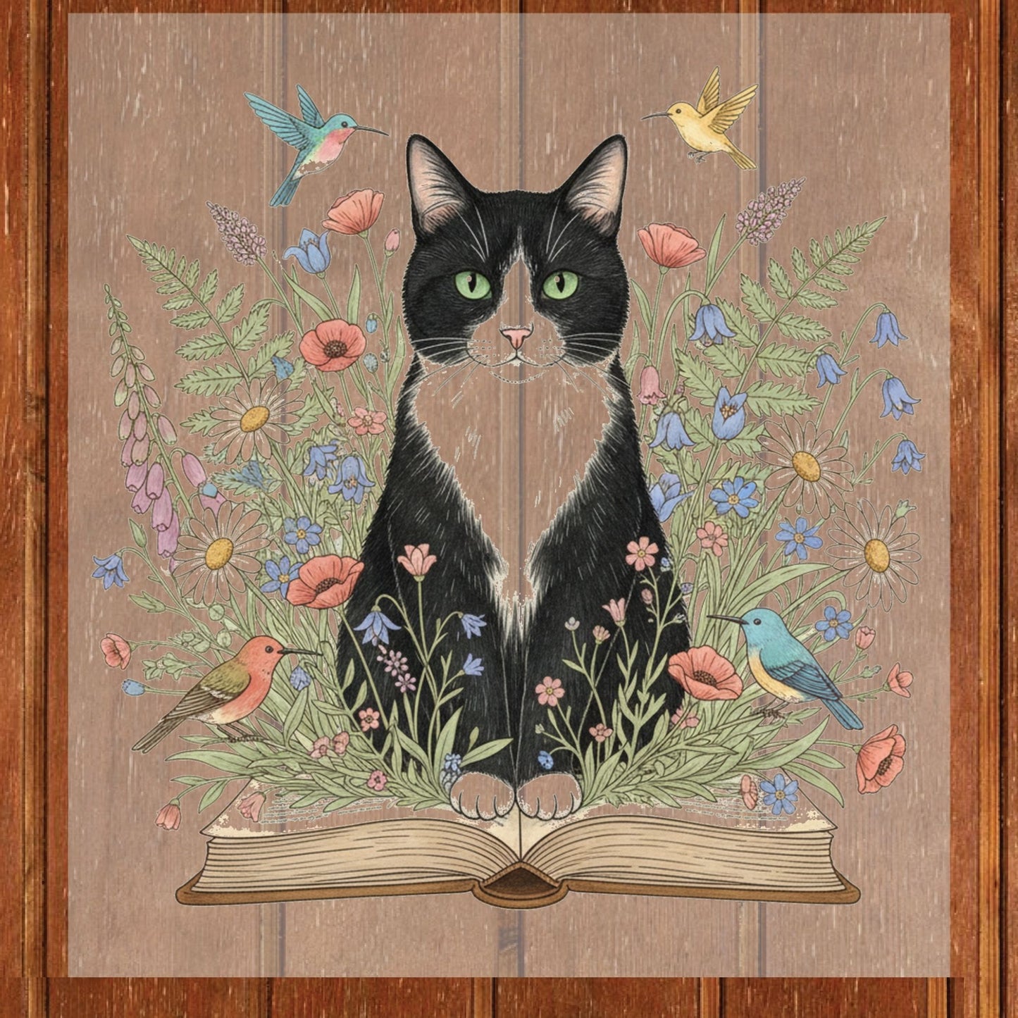 Tuxedo Cat DTF Transfer Ready to Press Floral Garden Book Reader Librarian Gift Cute Pet Kitten Flowers Birds UV Sticker Prints