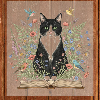 Tuxedo Cat DTF Transfer Ready to Press Floral Garden Book Reader Librarian Gift Cute Pet Kitten Flowers Birds UV Sticker Prints