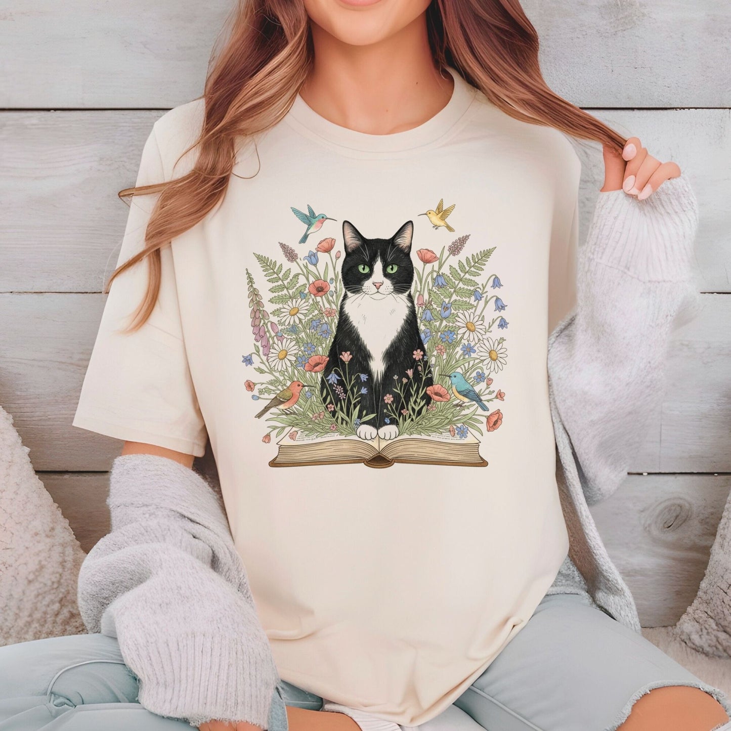 Tuxedo Cat DTF Transfer Ready to Press Floral Garden Book Reader Librarian Gift Cute Pet Kitten Flowers Birds UV Sticker Prints