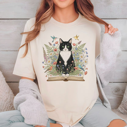 Tuxedo Cat DTF Transfer Ready to Press Floral Garden Book Reader Librarian Gift Cute Pet Kitten Flowers Birds UV Sticker Prints