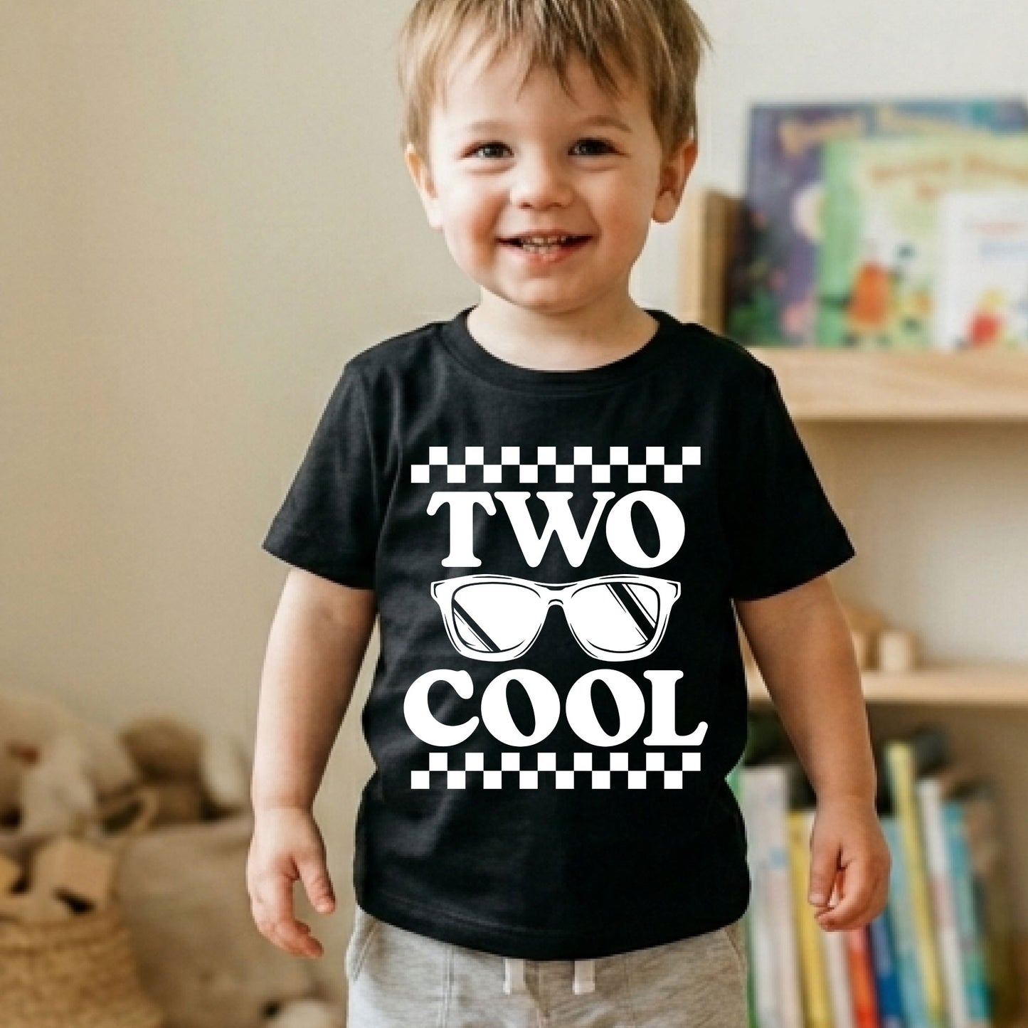 Two Cool 2nd Birthday Shirt Sunglasses Toddler Tee Second Birthday Kids Outfit Checkered 2 Year Old Childrens Gift Retro Birthday Apparel