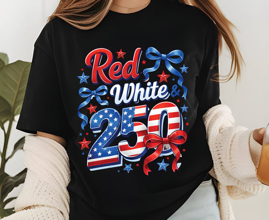 USA 250 Red White and Blue T Shirt Semiquincentennial 4th of July Coquette Bows Tee Patriotic America 250th Anniversary Star Tops