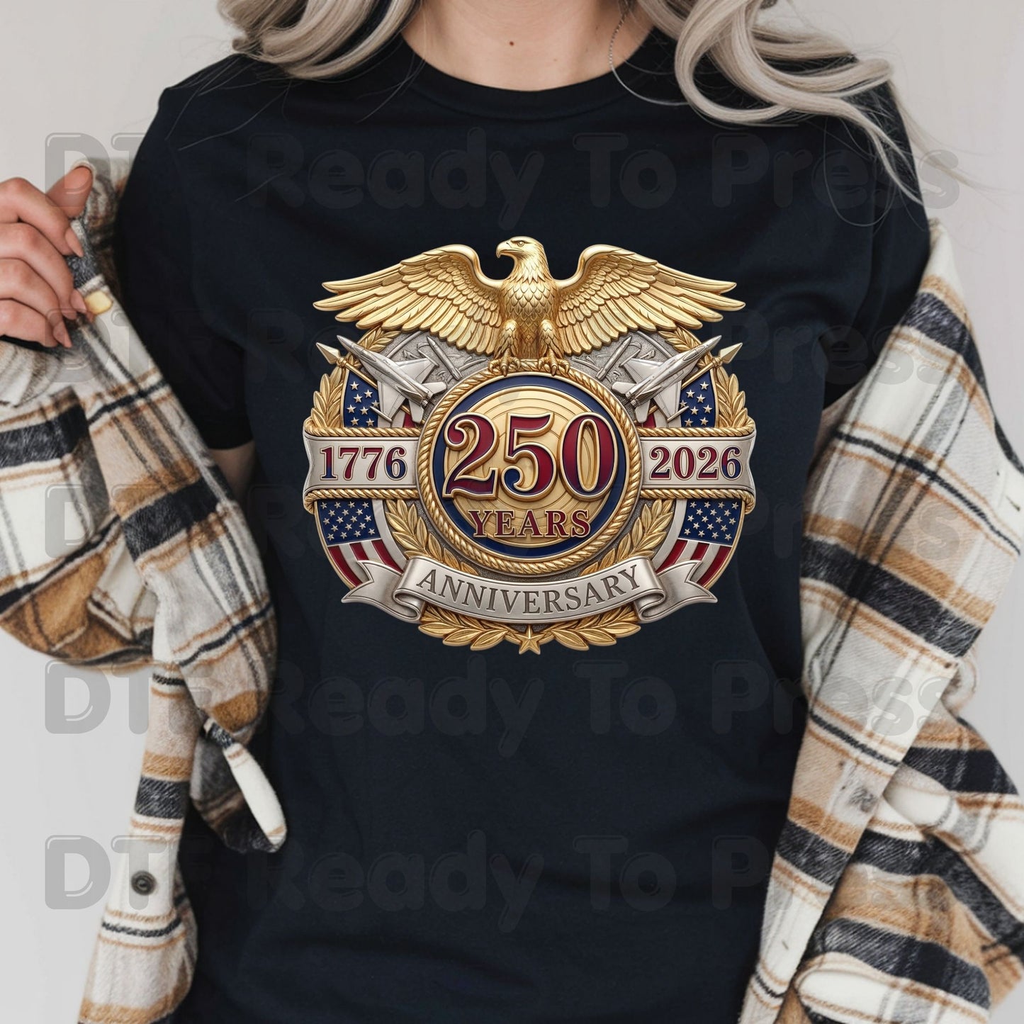 USA 250 Years 1776-2026 Anniversary DTF Transfer Ready to Press Patriotic Golden Eagle Shield Heat Transfer For Shirts Semiquincentennial UV Sticker Prints