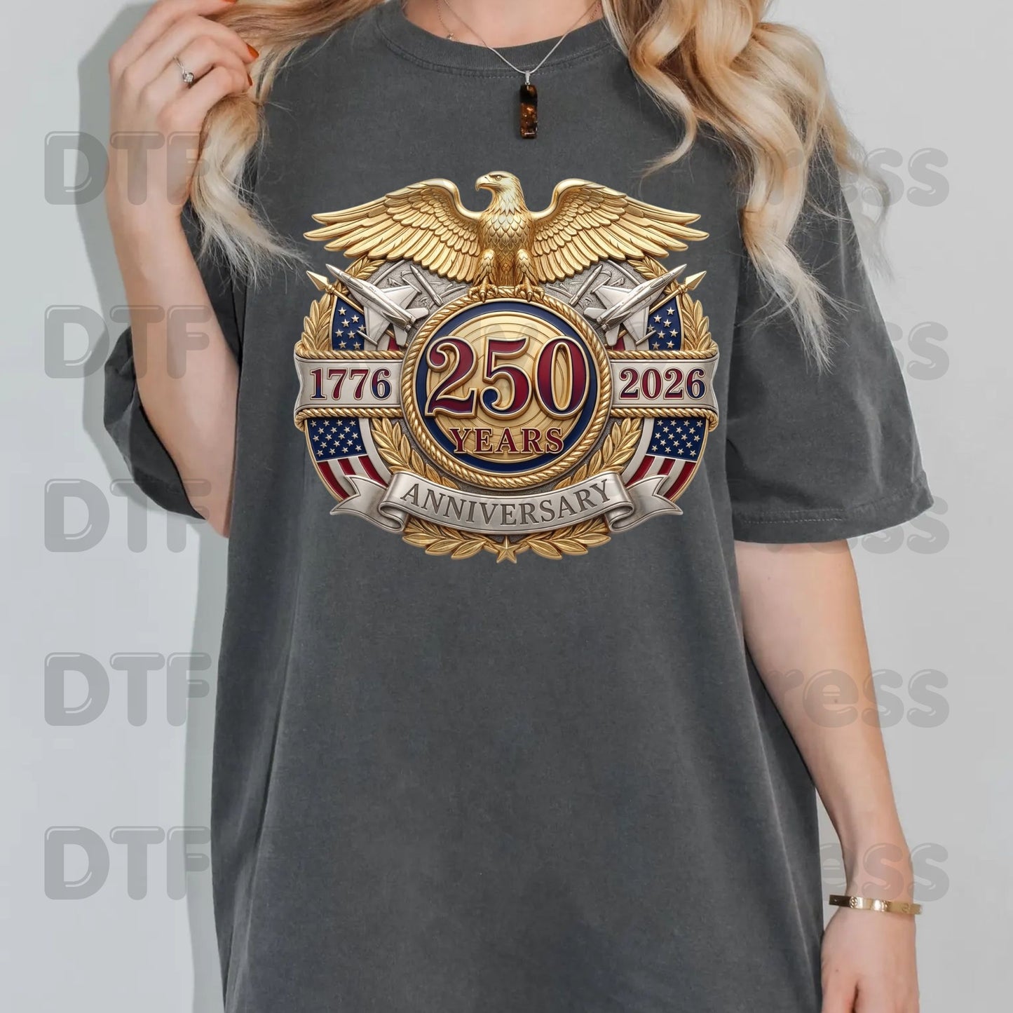 USA 250 Years 1776-2026 Anniversary DTF Transfer Ready to Press Patriotic Golden Eagle Shield Heat Transfer For Shirts Semiquincentennial UV Sticker Prints