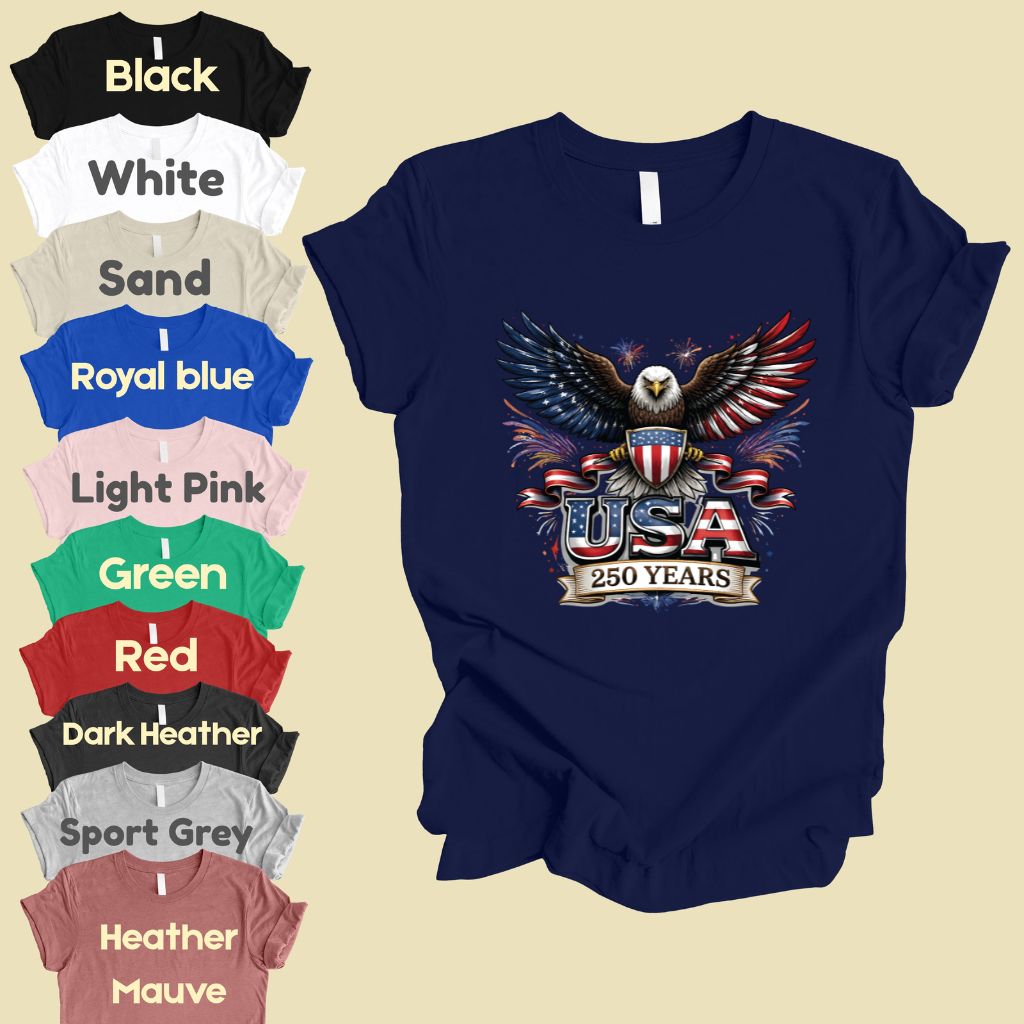 USA 250 Years Comfort Colors T Shirts Patriotic Eagle America 250th Tee United States Fireworks Graphic Shirt Fourth of July Veterans Gift