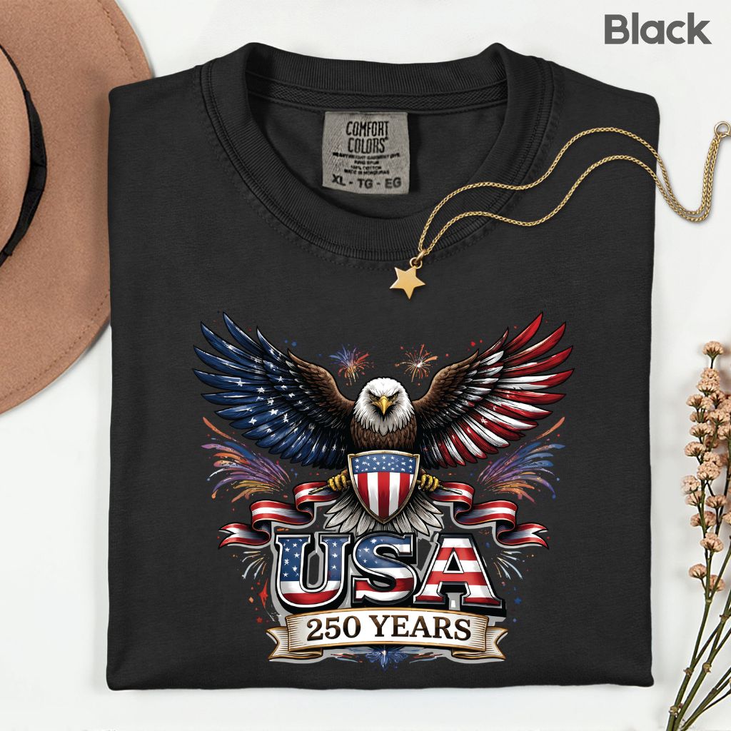 USA 250 Years Comfort Colors T Shirts Patriotic Eagle America 250th Tee United States Fireworks Graphic Shirt Fourth of July Veterans Gift
