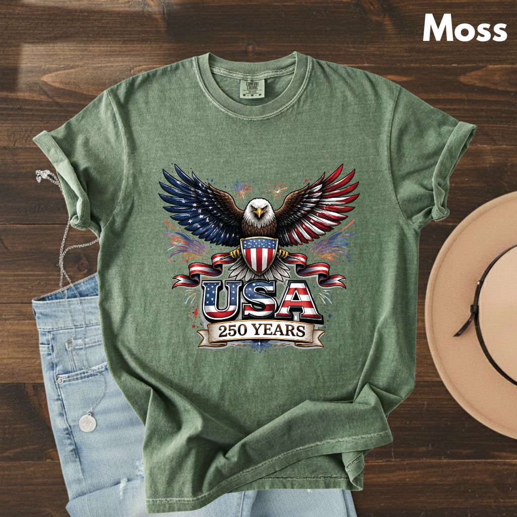 USA 250 Years Comfort Colors T Shirts Patriotic Eagle America 250th Tee United States Fireworks Graphic Shirt Fourth of July Veterans Gift