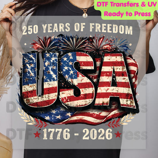 USA 250 Years DTF Transfer Ready to Press Retro Patriotic American Flag Heat Transfer For Shirts Independence Day UV Sticker Prints