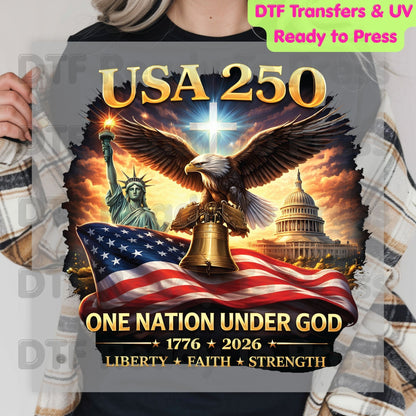 USA 250 Years DTF Transfer Ready to Press Semiquincentennial American Flag Eagle Shield Heat Transfer For Shirts Patriotic 2026 UV Sticker Prints