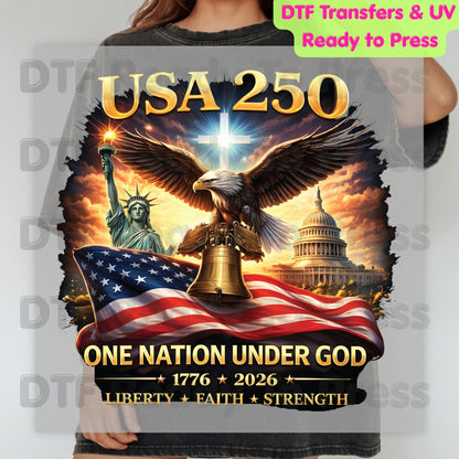 USA 250 Years DTF Transfer Ready to Press Semiquincentennial American Flag Eagle Shield Heat Transfer For Shirts Patriotic 2026 UV Sticker Prints