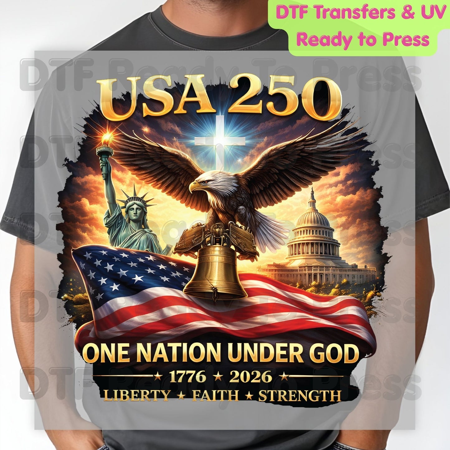 USA 250 Years DTF Transfer Ready to Press Semiquincentennial American Flag Eagle Shield Heat Transfer For Shirts Patriotic 2026 UV Sticker Prints