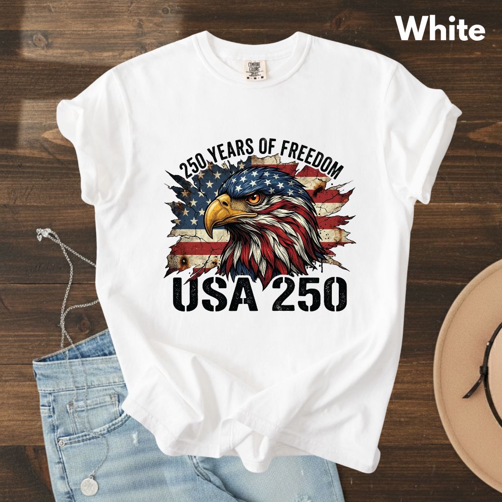 USA 250 Years of Freedom Comfort Colors T Shirts America 250th Tee Patriotic Eagle T-Shirt Distressed American Flag Fourth of July Gifts