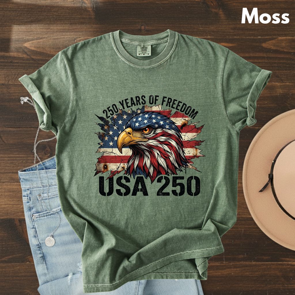 USA 250 Years of Freedom Comfort Colors T Shirts America 250th Tee Patriotic Eagle T-Shirt Distressed American Flag Fourth of July Gifts